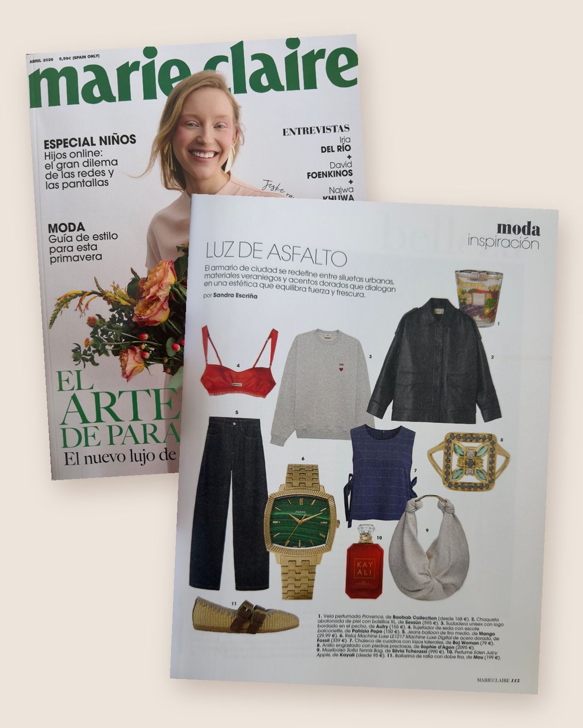 Portada de Marie Claire de abril de 2026 y página Luz de asfalto con el chaleco de BOJ