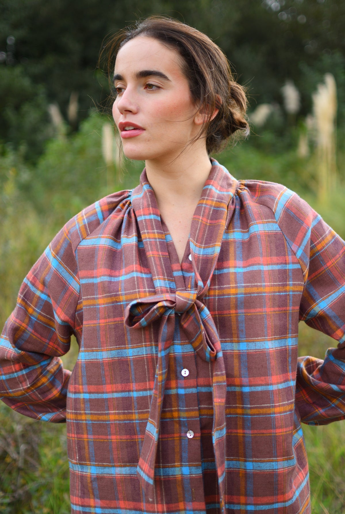 Sophie Perth Blouse – detail of the bow and the rust check | Boj Woman