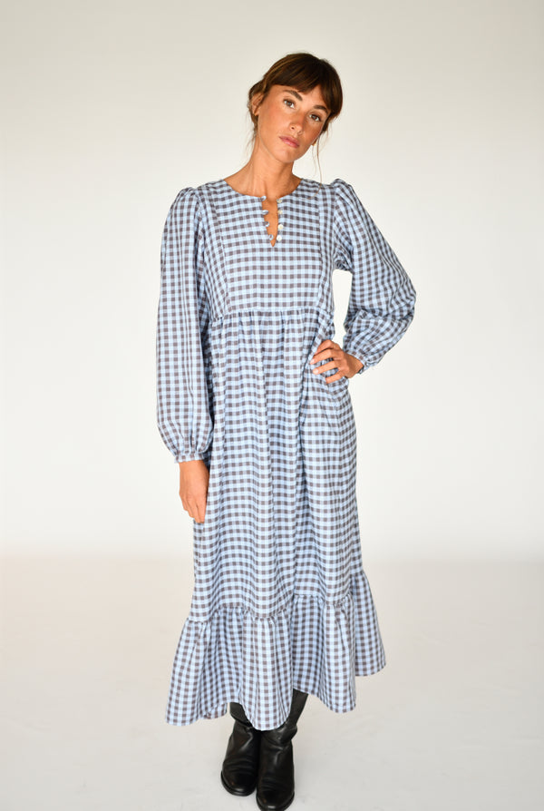 Vestido Alessandra Vichy azul – vista a três quartos | Boj Woman