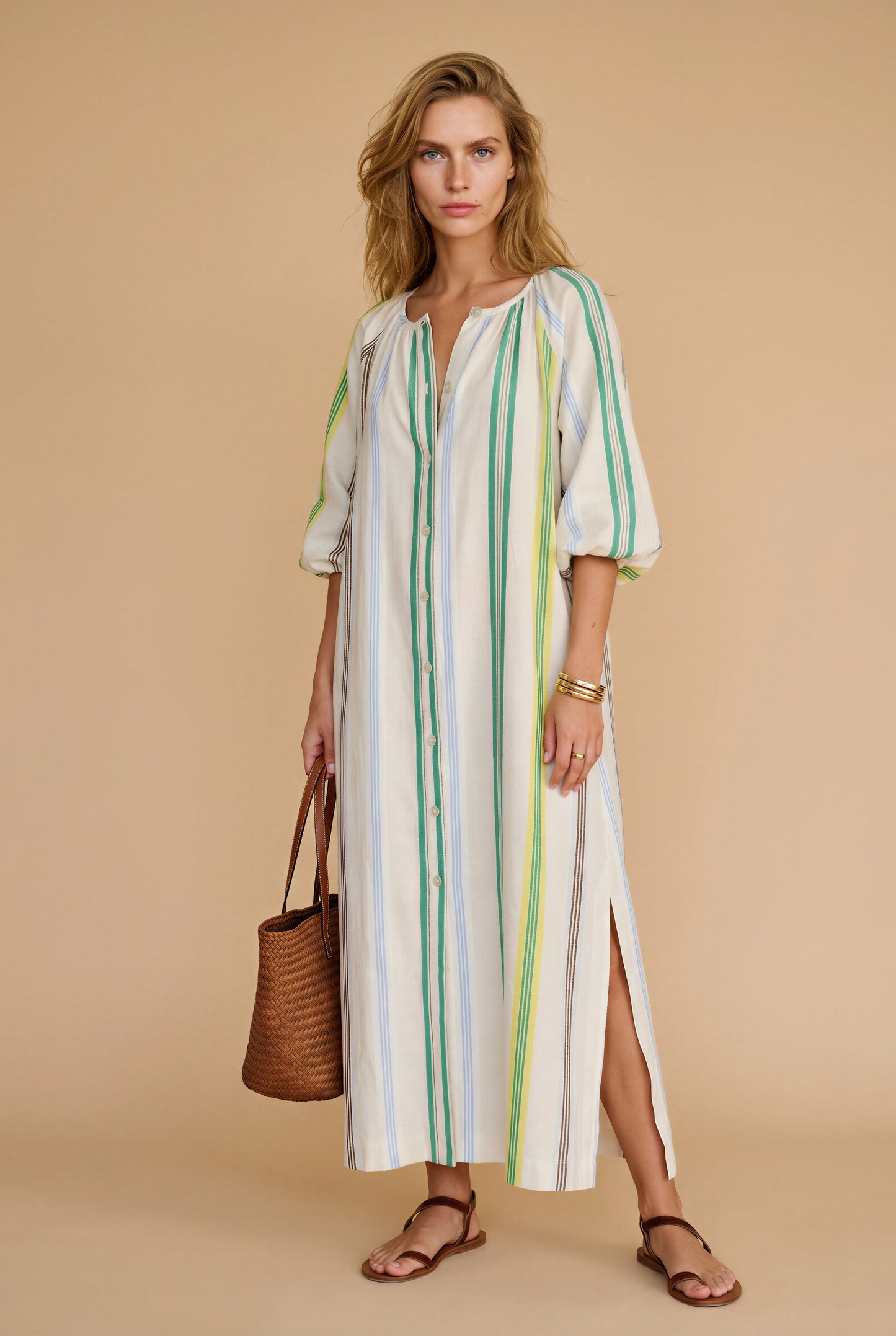 Vestido Aline raya verde y fondo crudo verde por BOJ Woman SS26 | nozoom