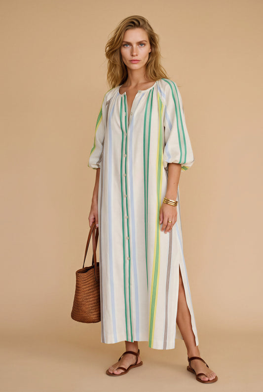 Vestido Aline raya verde y fondo crudo verde por BOJ Woman SS26 | nozoom