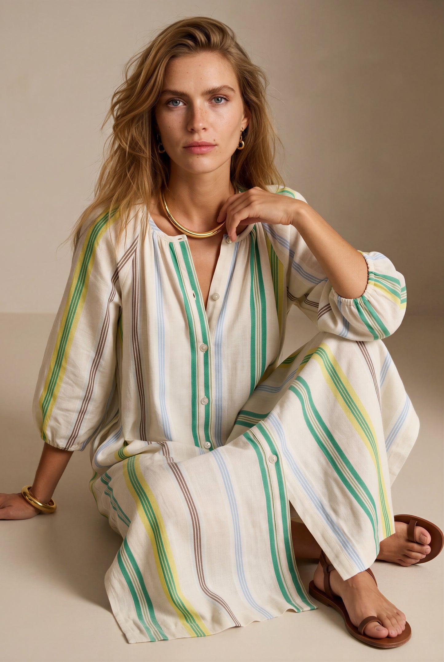 Vestido Aline raya verde y fondo crudo verde por BOJ Woman SS26 | nozoom